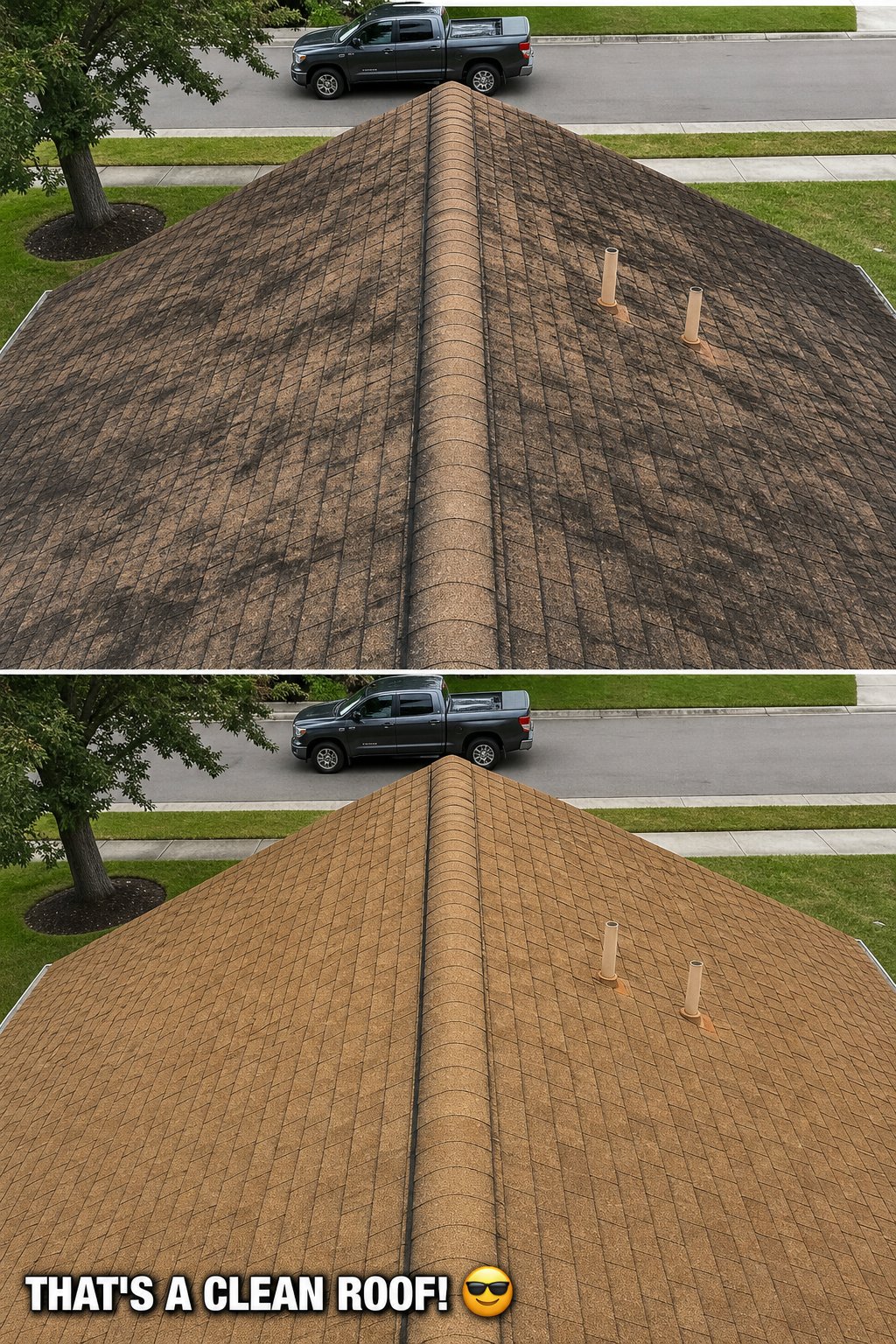 Before and after roof cleaning composite from Top Performance Pressure Washing